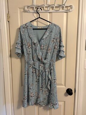 Dex Light Blue Floral Wrap-Style Mini Dress